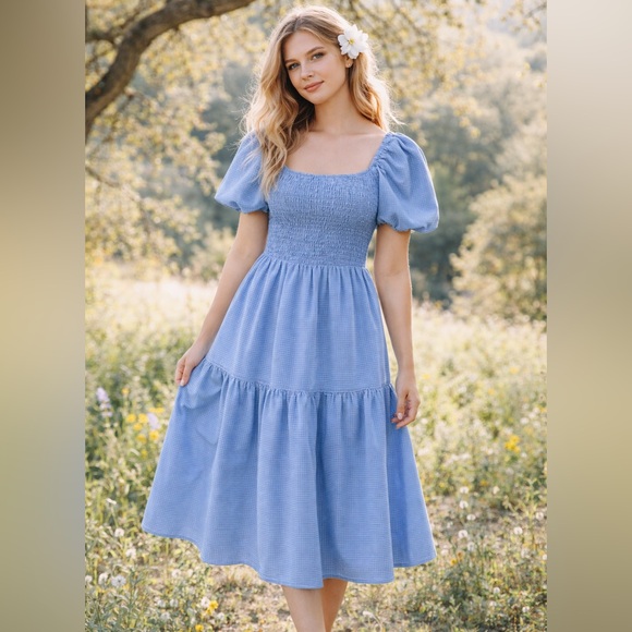 JessaKae Dresses & Skirts - JessaKae Blue Gingham Cottagecore Smocked Midi Dress Puff Sleeve M